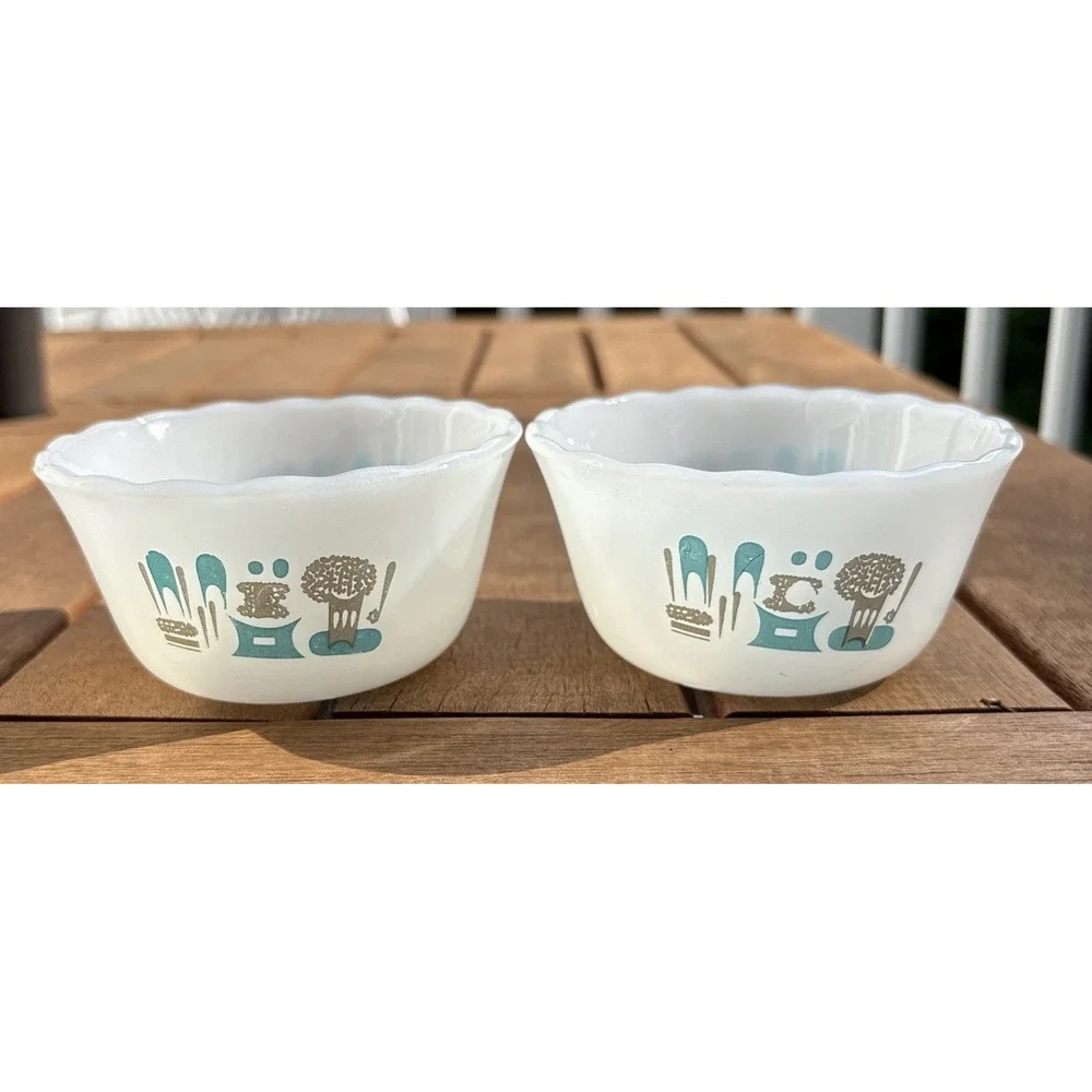Vintage Fire King Blue Heaven Milk Glass Bowl‎ Set X2- ATOMIC!